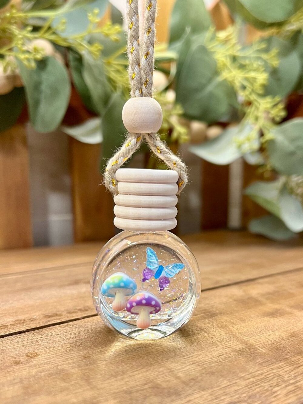 Blue & Purple Butterfly with Mushrooms, Hanging Car Diffuser, Car Air Freshener